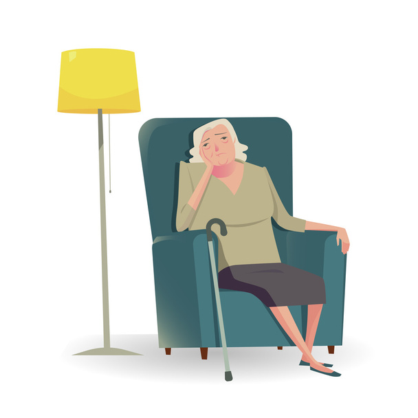 Smutný starší žena s hůl sedí na židli. Vektorové ilustrace charakter nešťastný nebo smutně. - Vektor, obrázek
