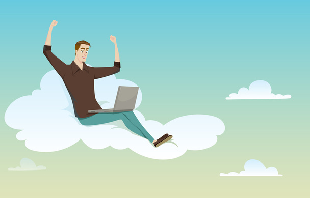 Молодой человек сидит на облаке и смотрит на свой компьютер счастливый за успех в солнечную погоду
. - Вектор,изображение