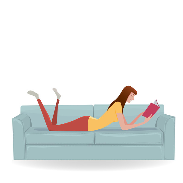 Giovane donna allegra rilassarsi su un divano azzurro leggendo un libro. Vectoe Illustrazione isolata su sfondo bianco
. - Vettoriali, immagini