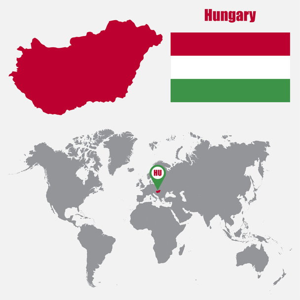 Mapa Węgier na mapie świata z flagą i wskaźnikiem mapy. Ilustracja wektorowa - Wektor, obraz