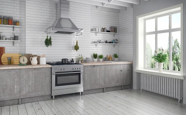 3d render - scandinavian flat - kitchen - Foto, afbeelding