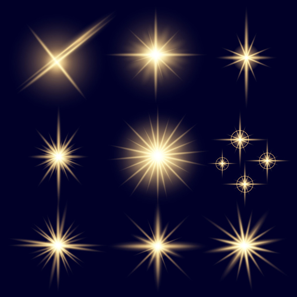 Творча концепція Векторний набір сяючих світлових ефектів зірки спалахи з блискітками ізольовані на чорному тлі. Для ілюстрації дизайну шаблону мистецтва, банер на Різдво святкувати, магічний промінь енергії спалаху
 - Вектор, зображення