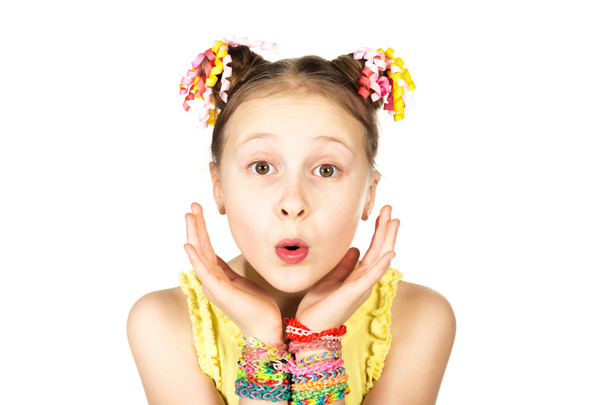 Surprised girl with trendy handmade weaving bracelets - Фото, зображення
