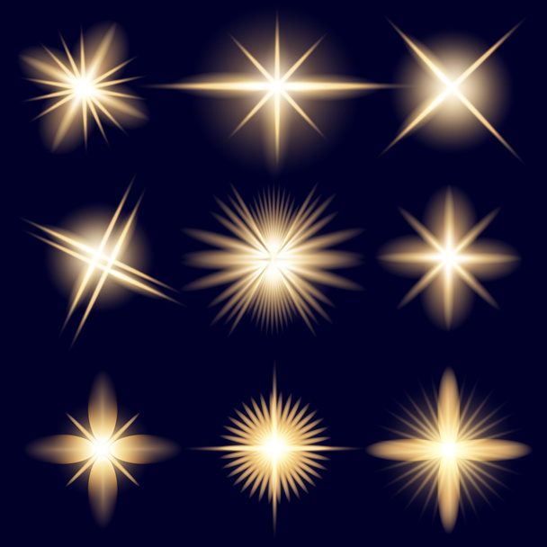 Kreatives Konzept Vektor-Set von Glühlicht-Effekt-Sternen platzt mit Funkeln isoliert auf schwarzem Hintergrund. Zur Illustration Vorlage Art Design, Banner für Weihnachten feiern, Magie Blitz Energie Strahl - Vektor, Bild