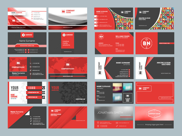 Business card templates. Stationery design vector set. Red and black colors. Flat style vector illustration - Vektor, kép