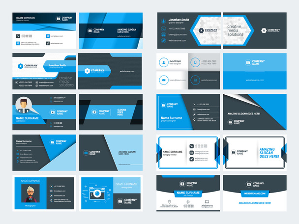 Set of modern creative business card templates. Blue and black colors. Flat style vector illustration. Stationery design - Vector, Image