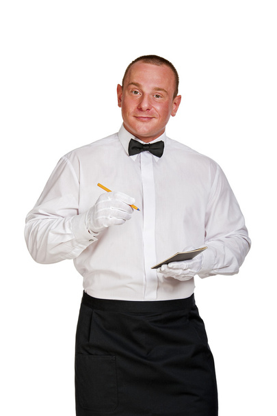 Офіціант з накладкою для нотаток та олівцем на білому тлі
. - Фото, зображення