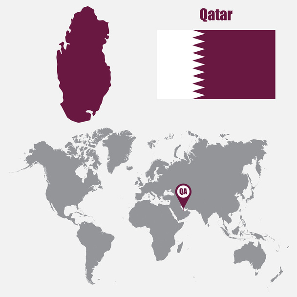 Katar mapa na mapie świata z flagą i mapę wskaźnika. Ilustracja wektorowa - Wektor, obraz