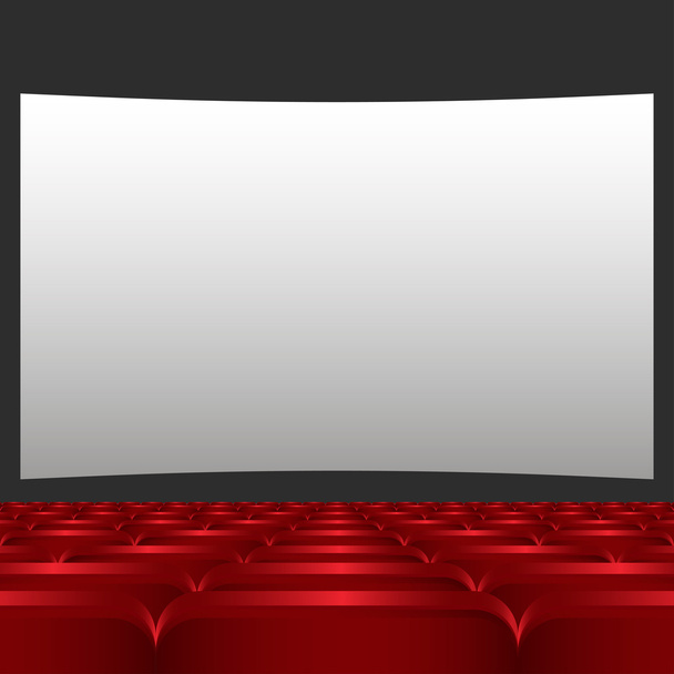 Filas de cine rojo o asientos de teatro delante de la pantalla blanca en blanco. Sillas o sillas rojas en la ilustración del vector de cine
 - Vector, Imagen
