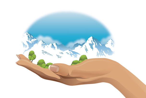 ecological vector illustration of snow-capped mountains on hand  - Vector, Image