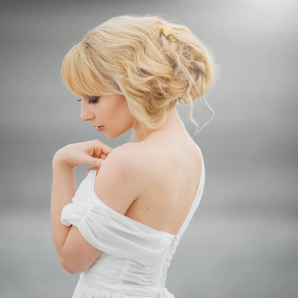 Portrait of romantic blond woman white dress - Photo, image