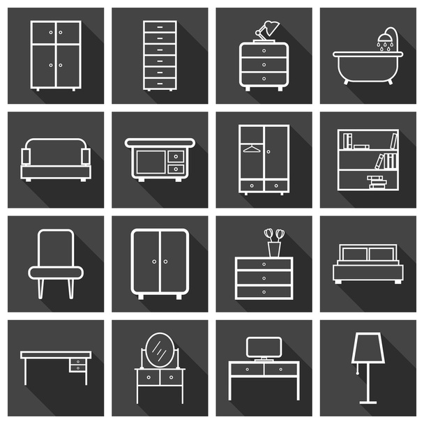Furniture icons set. Flat vector illustration with long shadow on black background. Universal icon for web design. - Vector, Image
