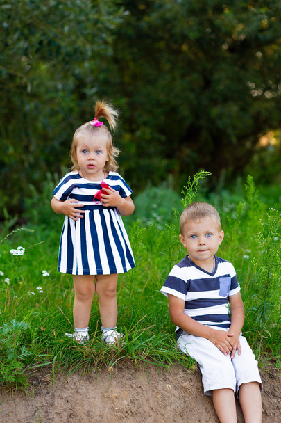 Mały chłopak i dziewczyna siedzi na trawie na zewnątrz w lecie - Zdjęcie, obraz