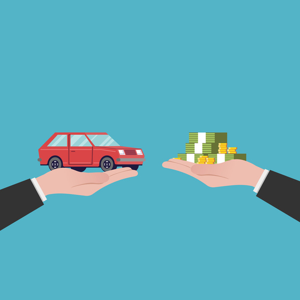 Lapos illusztráció autó értékesítés. Az átruházás a pénz és a gépet a kezéből. Piros jármű. Vektor kép egy rajzfilm-stílusú elszigetelt kék háttérrel. - Vektor, kép