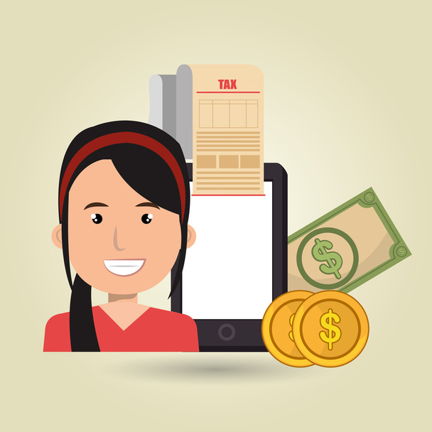 γυναίκα smartphone φόρους χρήματα - Διάνυσμα, εικόνα
