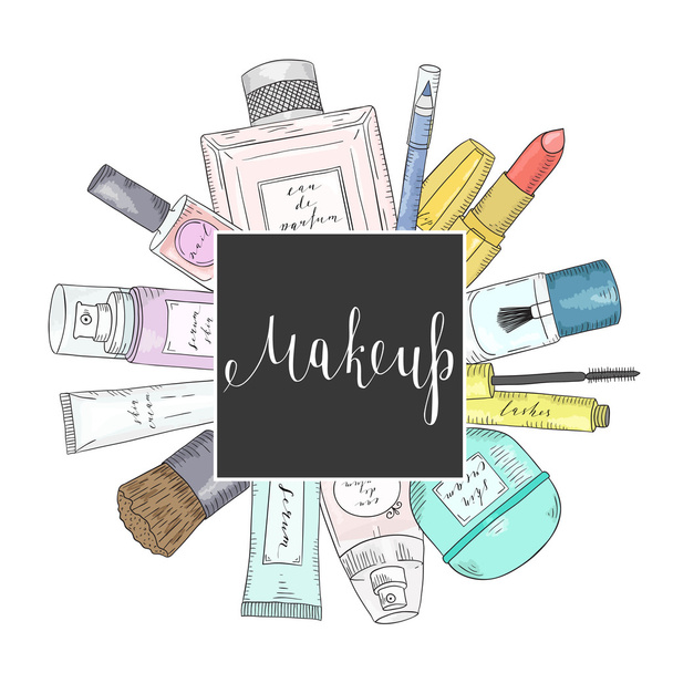 Hand drawn cosmetics set. Beauty and makeup. - ベクター画像