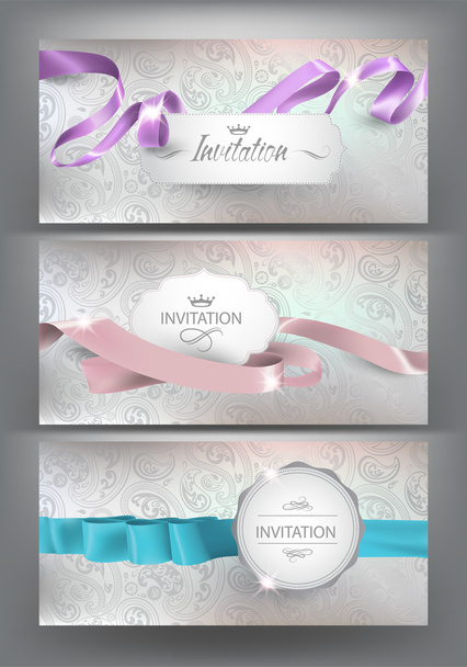Beautiful invitation cards with silk curled ribbons and floral design backgrounds. Vector illustration - Vektor, Bild