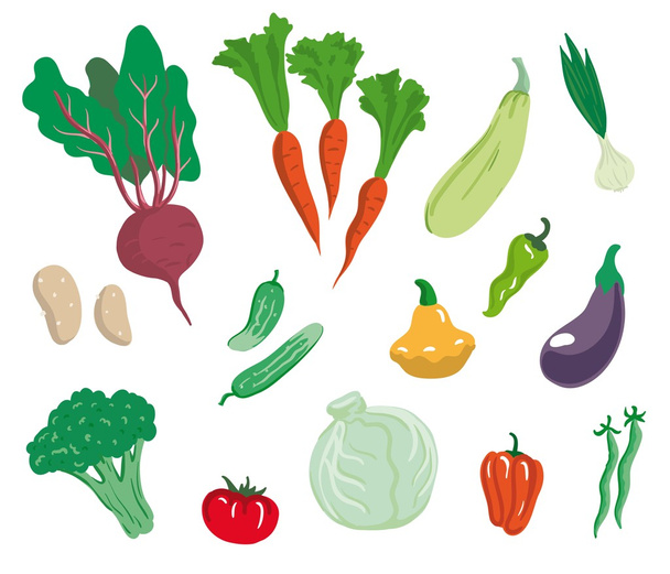 Овощи. Набор простых цветных иллюстраций
 - Вектор,изображение