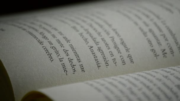 Teksten, zinnen en woorden in het Spaans van een pagina van een open boek draaien in een zwarte achtergrond - Video