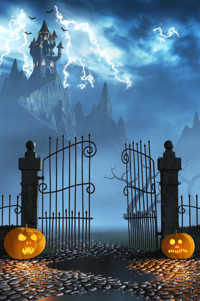 Citrouilles d'Halloween à côté d'une porte d'un château effrayant
 - Photo, image