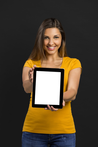 woman showing something on tablet - Zdjęcie, obraz