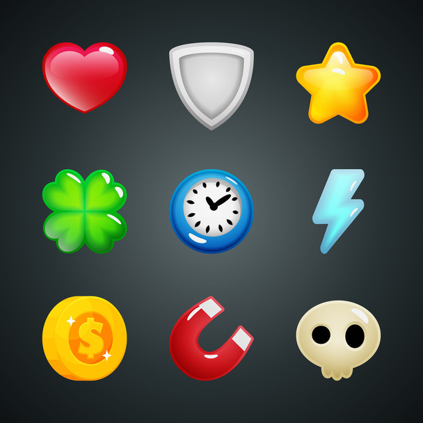 Game elements icons heart, shield, star, clover, clock, lightning, coin, magnet, skull - Vettoriali, immagini