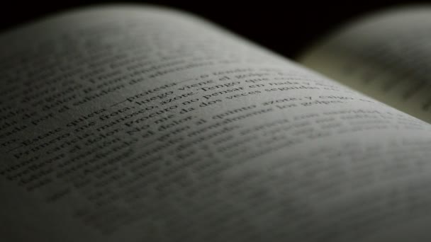 Zinnen en woorden in het Spaans van een pagina van een open boek roterende - Video
