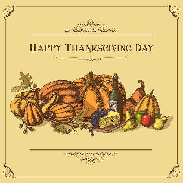 幸せな感謝祭の日。秋の野菜や果物、ワインでお祝いカード。グラフィック スタイルのフリーハンドの図面をスケッチします。ベクトル図 - ベクター画像