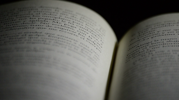 Pagina van een oude open boek met woorden, zinnen en teksten in het Castiliaanse, roterende - Video