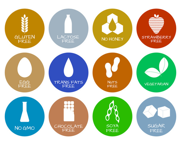 Σύνολο από ετικέτες τροφίμων - αλλεργιογόνα, δωρεάν προϊόντα που περιέχουν ΓΤΟ. Συλλογή σύμβολα δυσανεξία τροφίμων. Εικονογράφηση διάνυσμα - Διάνυσμα, εικόνα