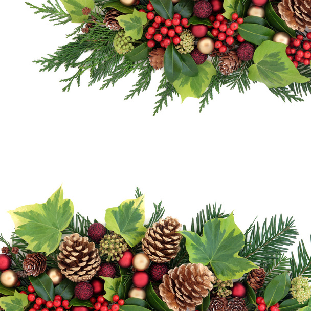 Christmas border with red and gold bauble decorations - Photo, Image