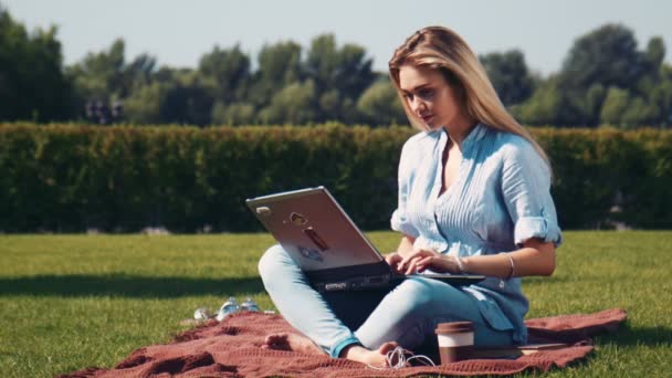 Χαμογελώντας με το laptop σε κουβέρτα στο πάρκο το όμορφο κορίτσι - Πλάνα, βίντεο