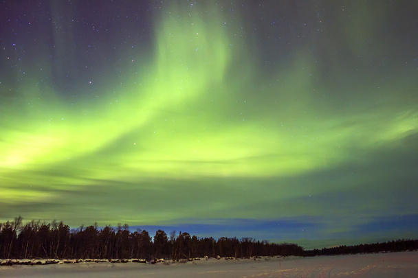 Aurora boreal (Aurora borealis) sobre el paisaje de nieve
. - Foto, Imagen
