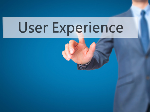 Experience - Businessman click on virtual touchscreen
. - Фото, изображение