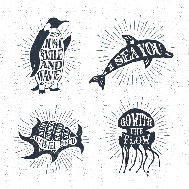 Hand drawn textured vintage labels set with vector illustrations - Вектор,изображение