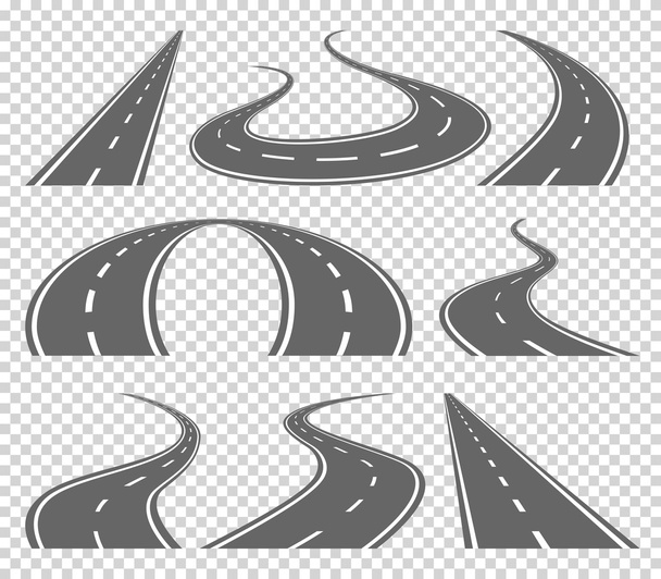 Kręta droga zakrzywione lub autostrada z oznaczeniami. Kierunku, transport zestaw. Ilustracja wektorowa - Wektor, obraz