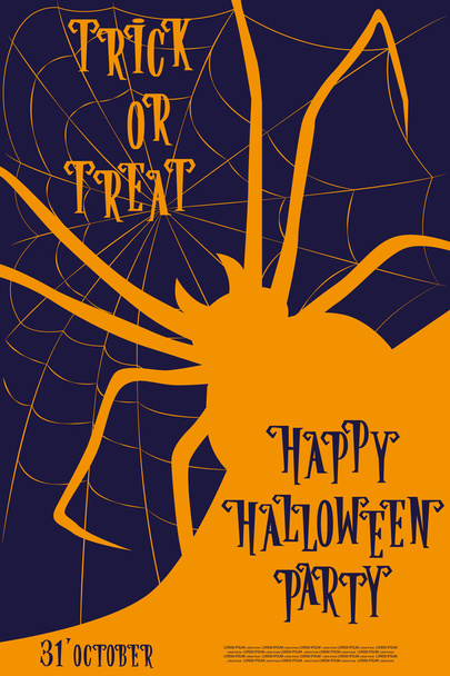 Halloween achtergrond op Holiday Party Trick or Treat met monster Spider op het web. Letters in retro cartoon stijl. Vector illustratie - Vector, afbeelding