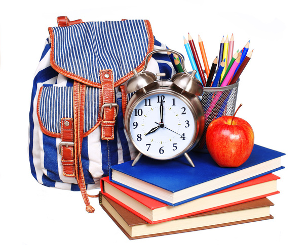 Books, apple, backpack, alarm clock and pencils isolated - Fotoğraf, Görsel