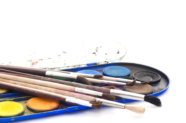 Set of watercolor paints with brushes on white background - Photo, Image