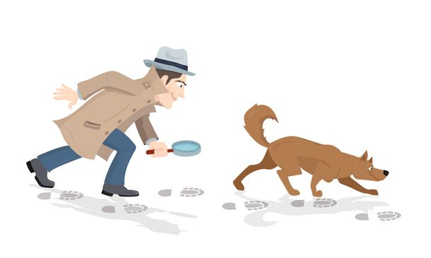 Dibujos animados vectorial de detective con lupa y perro rastreador
 - Vector, imagen