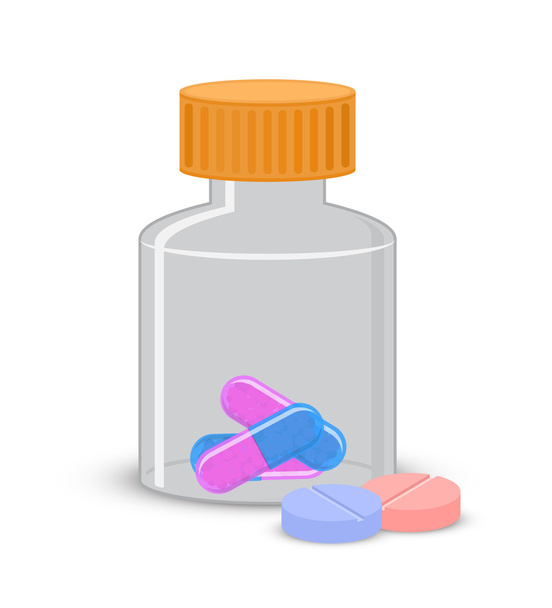 Tabletki i pigułki w butelce, meds ilustracja - Wektor, obraz