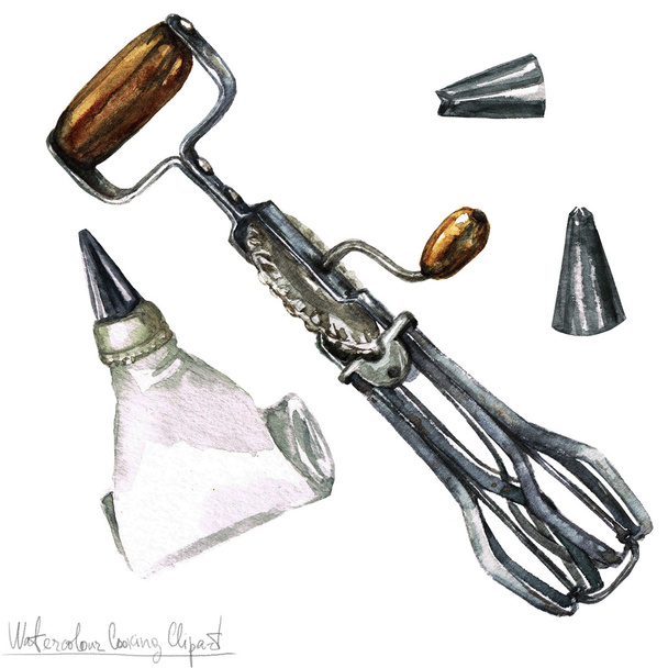 Ακουαρέλα μαγειρικά σκεύη Clipart - μίξερ και σακούλα ζαχαροπλαστικής - Φωτογραφία, εικόνα