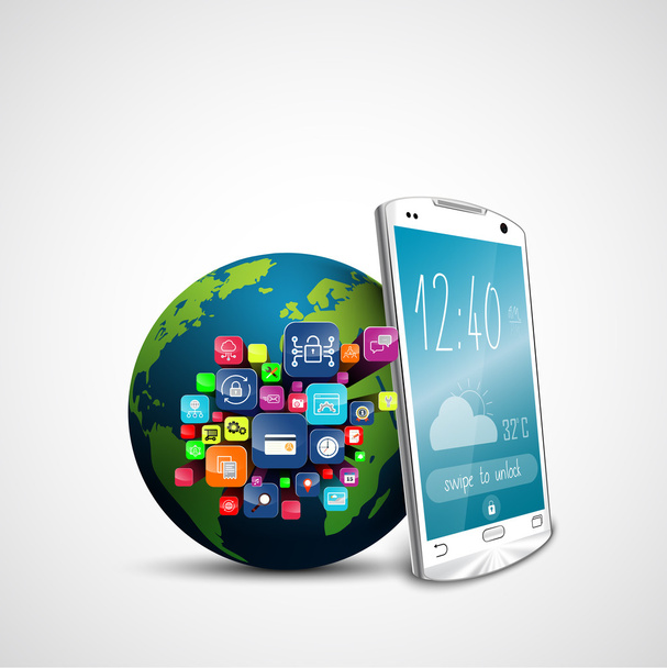 weißes Touchscreen-Smartphone mit Applikationssymbolen und grüner Erdkugel isoliert auf weißem Hintergrund  - Vektor, Bild