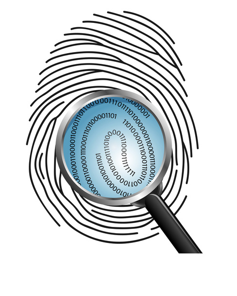 Magnifying glass over a finger print revealing binary code  - Vector, Image