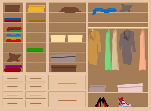Flat Design walk in closet with shelves - Vektor, Bild