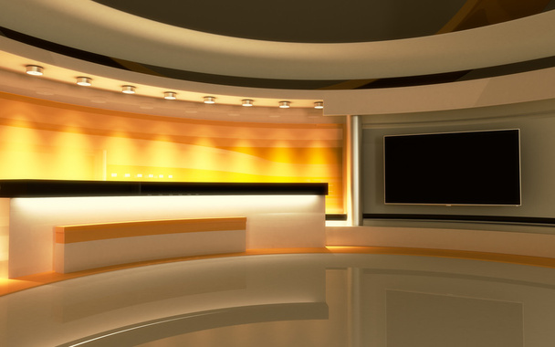 Τηλεοπτικό στούντιο. Στούντιο ειδήσεων. Κίτρινο στούντιο. Το τέλειο σκηνικό για οποιαδήποτε πράσινη οθόνη ή βίντεο-κλειδί ή παραγωγή φωτογραφιών. απόδοση 3D. 3D οπτικοποίηση - Φωτογραφία, εικόνα