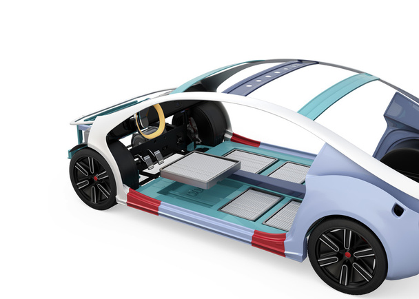 Электрический корпус автомобиля и аккумулятор пакет изолированы на белом фоне
 - Фото, изображение