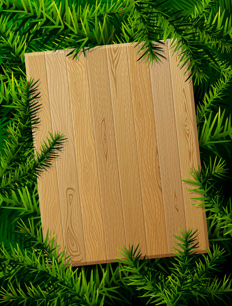 Tavola di legno bianca contro rami di pino
 - Vettoriali, immagini