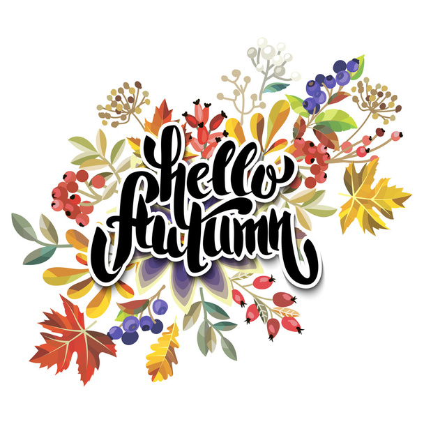 Background with brush-drawing lettering "hello autumn". - Vektori, kuva