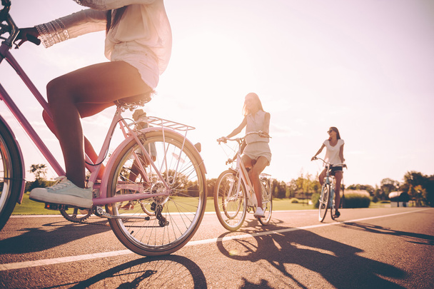 cheerful people riding bicycles - Фото, изображение